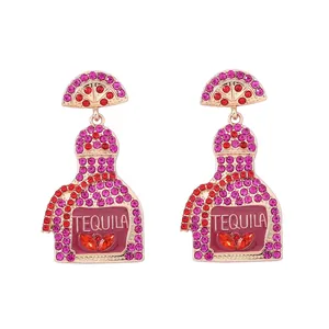 Sparkling Tequila bottle earrings with pink rhinestones and lime slice detail