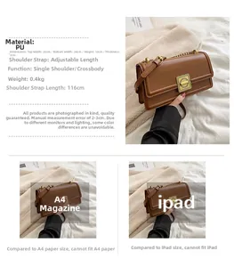 Brown PU leather bag size comparison with A4 paper and iPad including detailed dimensions