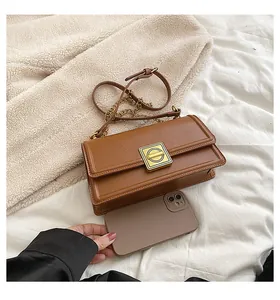 Detail view of brown leather square bag with gold metal clasp and chain strap
