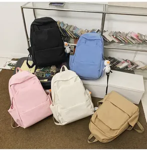 Detailed view of minimalist waterproof backpacks in five colors with cute duck charms