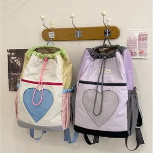 Zaino Leggero in Rete a Cuore Color Block con Coulisse Grande Capacità Borsa da Viaggio Scuola Outdoor Nylon Daypack