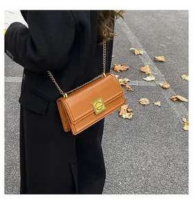 Detail of a brown leather crossbody bag with a gold chain strap and metal square clasp