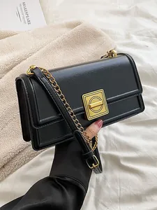 Women Vintage PU Leather Square Shoulder Bag Gold Lock Chain Strap French Style Crossbody Messenger Bag Daily Handbag