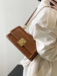 Vintage brown PU leather square shoulder bag with gold metal buckle and chain strap