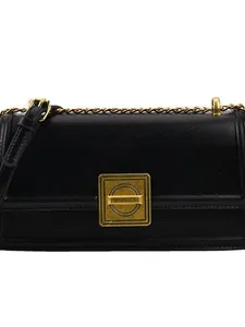 Classic black PU leather square crossbody bag with vintage gold buckle and chain strap