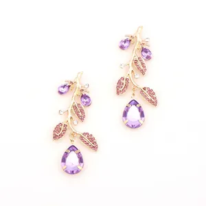 Vintage Gold Branch Purple Water Drop Rhinestone Earrings For Women Wedding Banquet Party Formal Elegant Jewelry Accessores