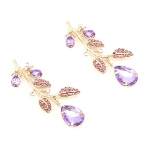 Elegant purple crystal branch drop earrings in gold plating with floral design