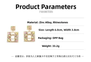 Detailed view of geometric square drop earrings with colorful crystals and dimensions