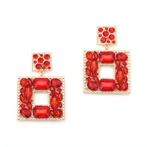 Luxury oversized square drop earrings with red crystals and gold alloy finish