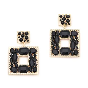 Retro geometric square gold-tone drop earrings with faceted black gemstone inlay