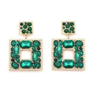 Luxury geometric gold-tone square earrings with vibrant emerald green crystals and beads