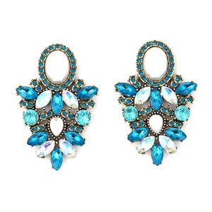 Luxurious bohemian alloy earrings with blue and white crystals in vintage bronze setting