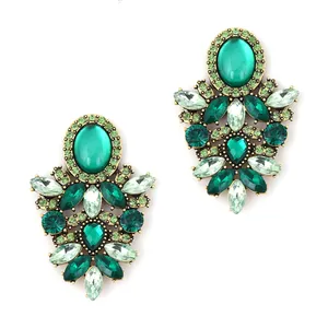 Vintage palace style alloy earrings with green gemstones and sparkling rhinestones
