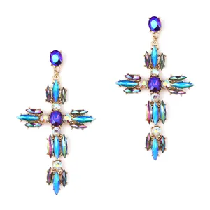 Vintage Luxe Legering Strass Kruis Hangende Oorbellen Voor Vrouwen Barok Ingelegd Grote Bruiloft Feest Sieraden