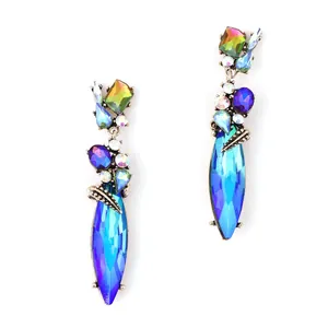 Vintage bohemian rhombus drop earrings with colorful crystals and deep blue rhinestones