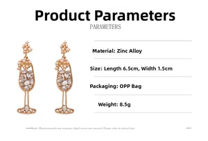 Detail view showing wine glass earrings dimensions and zinc alloy material specs