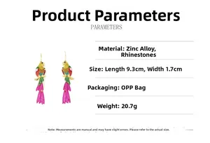 Detailed spec view of parrot earrings with crystal inlay and magenta feather drops