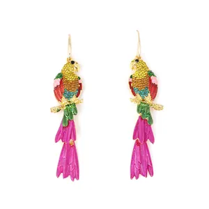 Vibrant parrot drop earrings with colorful crystals and long magenta metal tail feathers