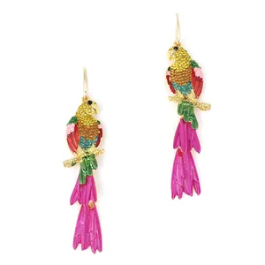 Exaggerated colorful parrot drop earrings with crystal rhinestones and vibrant enamel finish