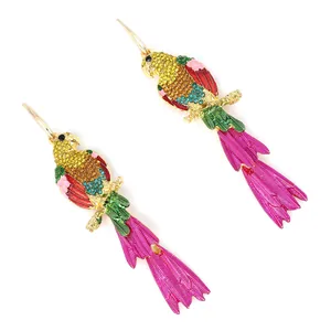 Colorful rhinestone parrot drop earrings with vibrant feathers and golden metal hooks