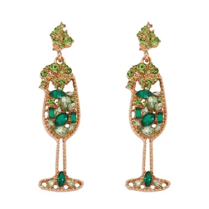 Retro wine glass earrings in rose gold with sparkling green crystals and rhinestones