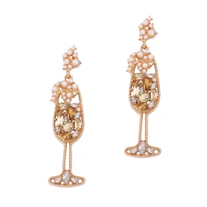 Vintage Champagne Glass Drop Earrings Zinc Alloy Rhinestone Imitation Artificial Pearl Wine Cup Earrings With Stainless Steel Earring Post For Women Party