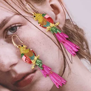 Vibrant parrot dangle earrings with colorful enamel and sparkling rhinestones for women