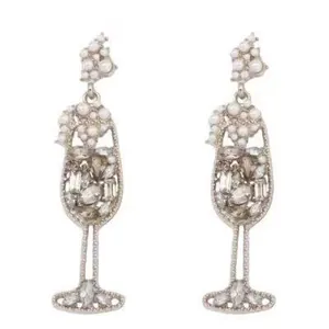 Vintage wine glass drop earrings with faux pearls and sparkling rhinestones in silver