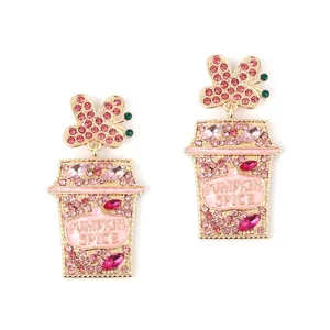 Creative Alloy Butterfly Coffee Cup Drop Earrings With Rhinestone Enamel Pumpkin Spice Lettering For Fall Women Jewelry