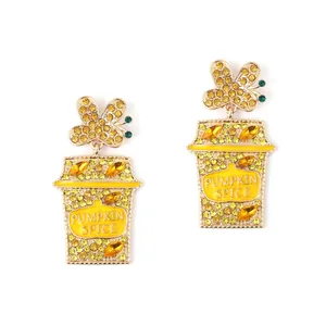 Gold butterfly earrings with pumpkin spice coffee cup pendants and colorful rhinestones