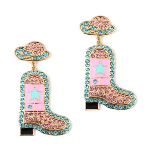 Pink and blue rhinestone cowboy boot and hat drop earrings with enamel finish