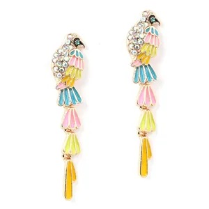Colorful long parrot earrings with enamel detail and sparkling rhinestones on gold base