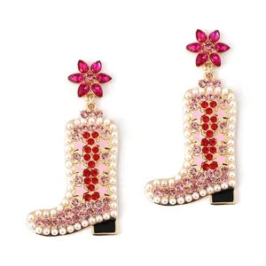 Elegant shoe-shaped alloy drop earrings with pink rhinestones and white pearls