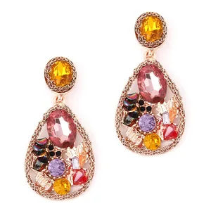 Luxurious gold alloy teardrop earrings with colorful crystals and bohemian style