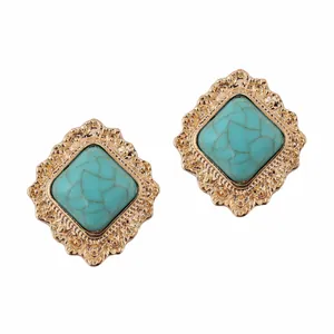 Vintage geometric alloy resin earrings with marble texture turquoise in gold frame