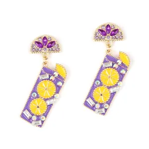 Sweet orange juice cup drop earrings with colorful crystals and purple enamel fruit design