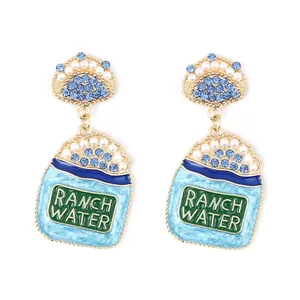 Boucles d'oreilles pendantes tasse à thé au lait avec strass, perles et métal doré