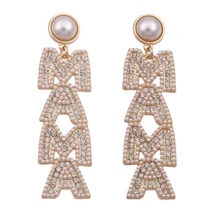 Elegant gold MAMA letter earrings with pearls and crystal rhinestones for Mother's Day