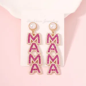 Elegant MAMA letter drop earrings with pearls and pink crystals for Mother's Day gifts