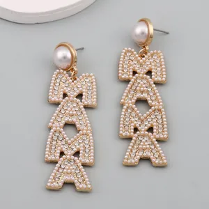 Elegant MAMA letter drop earrings with pearls and crystals in gold-plated finish