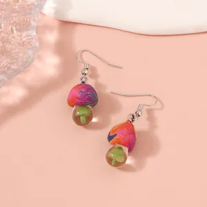 Colorful mushroom drop earrings with marble caps and transparent miniature moss charms