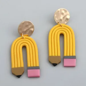 Creative pencil shaped handmade clay earrings with yellow U-curve and gold metal stud