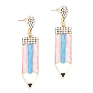 Pendientes Colgantes Creativos con Forma de Lápiz y Corazón de Aleación de Zinc Esmalte Diamantes de Imitación para Mujer Joyería Temática Escolar