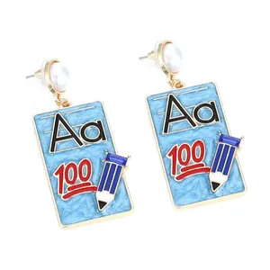 School style earrings with blue base, Aa letters, 100 digits, pencil and pearl accents