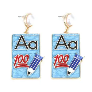 Fashionable school-themed drop earrings with Aa, 100 mark, pencil motif and faux pearl