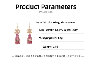 Detailed size chart showing pink rhinestone champagne bottle earrings measuring 6.5cm by 1.6cm