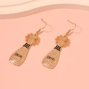 Elegant champagne bottle drop earrings with pearls and crystal rhinestones