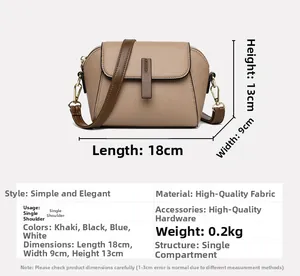 Tabella taglie borsa a tracolla da donna con dimensioni 18x9x13cm e dettaglio trama litchi