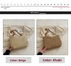 Detalle de los bolsos bandolera de paja trenzada con cadena de acrílico en beige y caqui