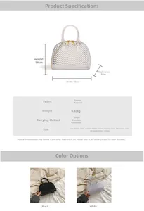 Detail view of shell-shaped jelly bag with size specs 18x14x9cm and pearl texture